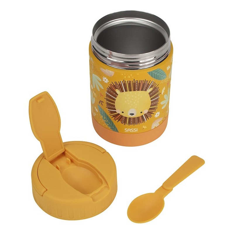 Portapranzo termico giallo per bambini decorato con leone e foglie in acciaio inossidabile, con maniglia estraibile per agevolare il trasporto